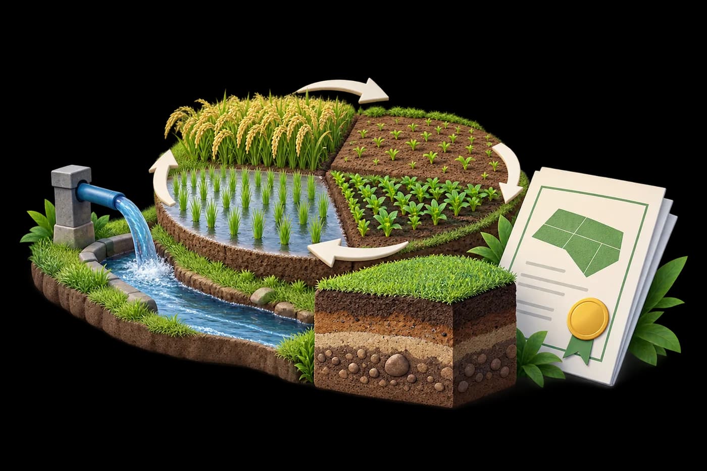 Farmland shown with its crop seasons, soil, water source and title papers.