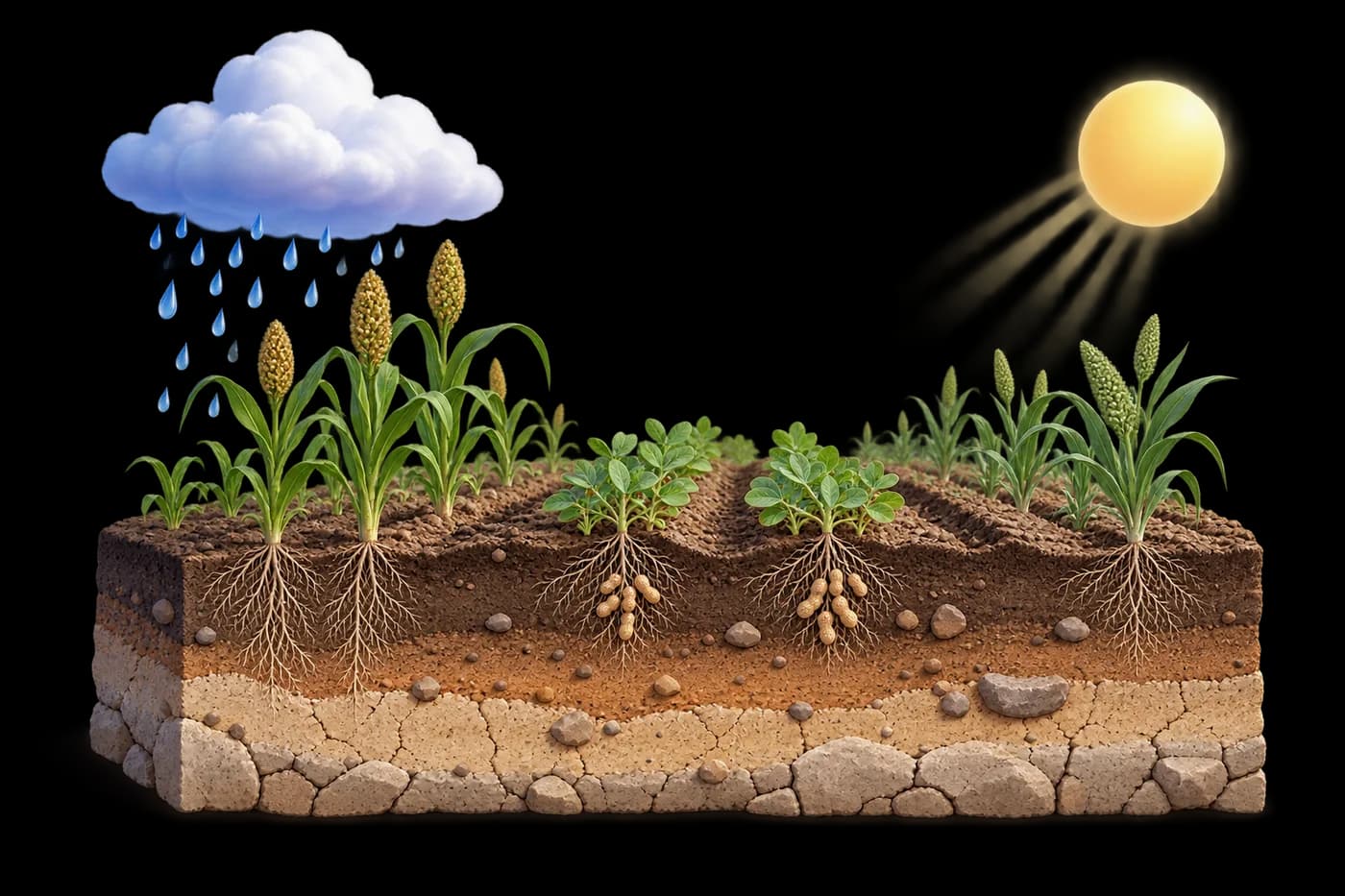 Dry-land agriculture: soil profile, rainfall dependence and drought-adapted crop rows as a scientific landscape cross-section