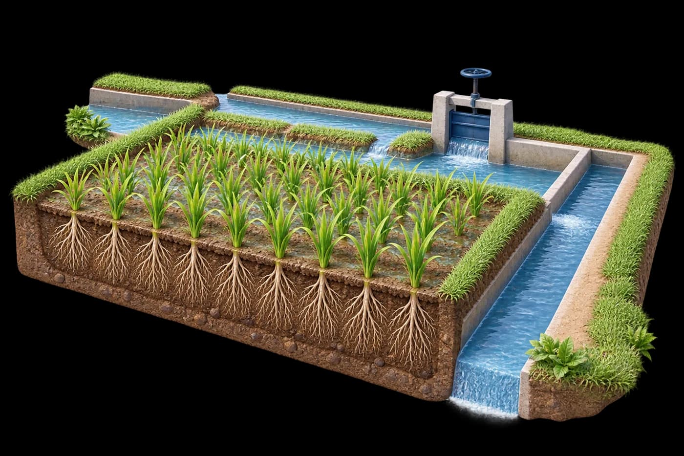 A cut-away of irrigated land showing crop roots, water channels and the field path.