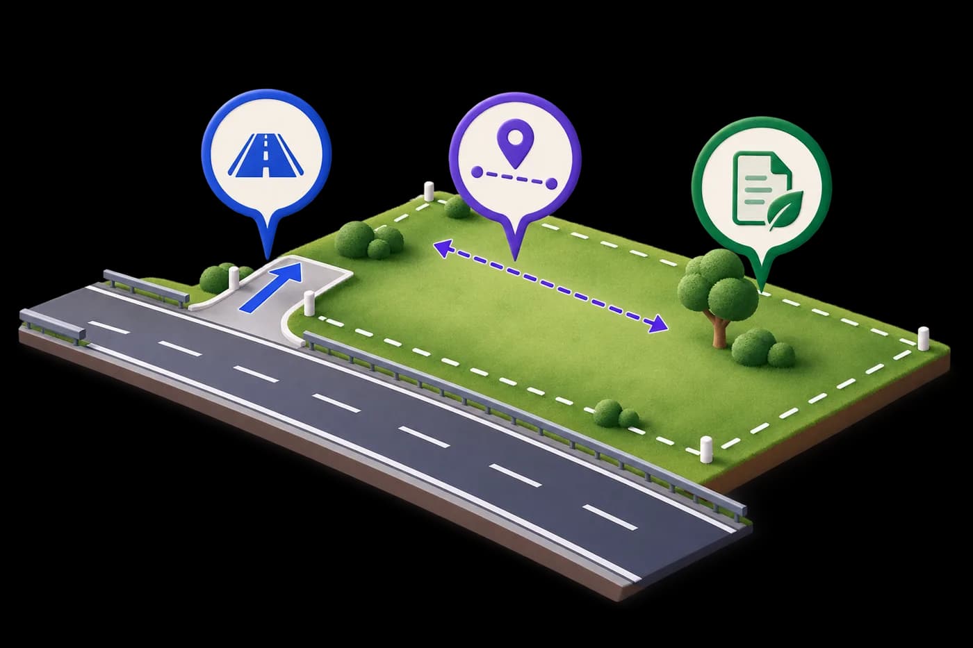 A sketch of land beside a road corridor, marking access, distance and land acquisition as separate questions.