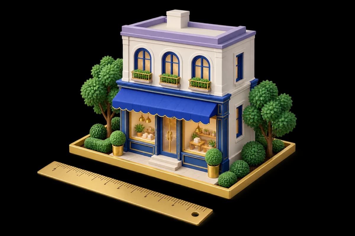 Generic small shop model with a blue awning, trees and a gold plot boundary.