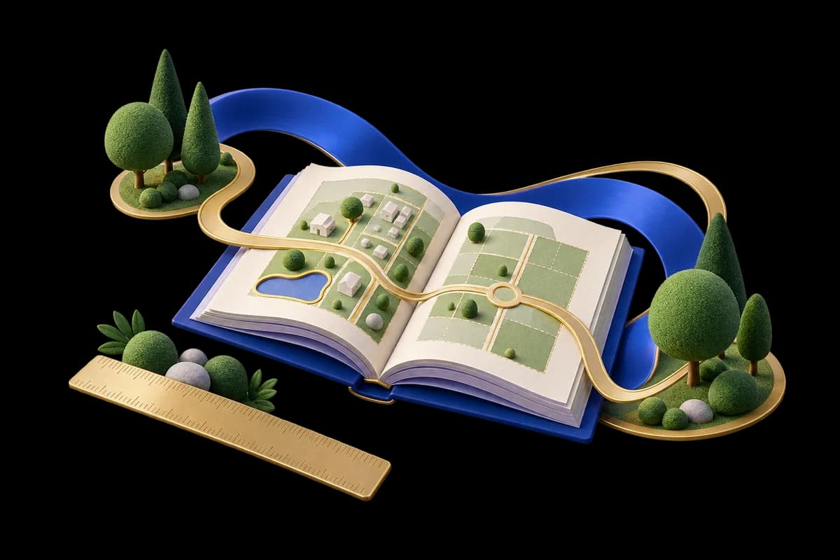 Open guide book with plot diagrams, green trees, blue water and a golden path.
