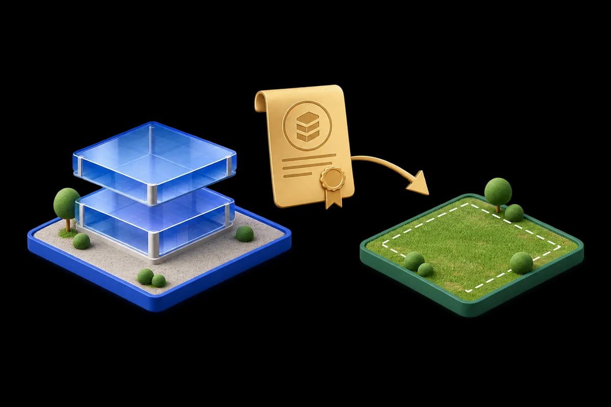 Floor plates and a gold development-right certificate connected to a separate plot tile.