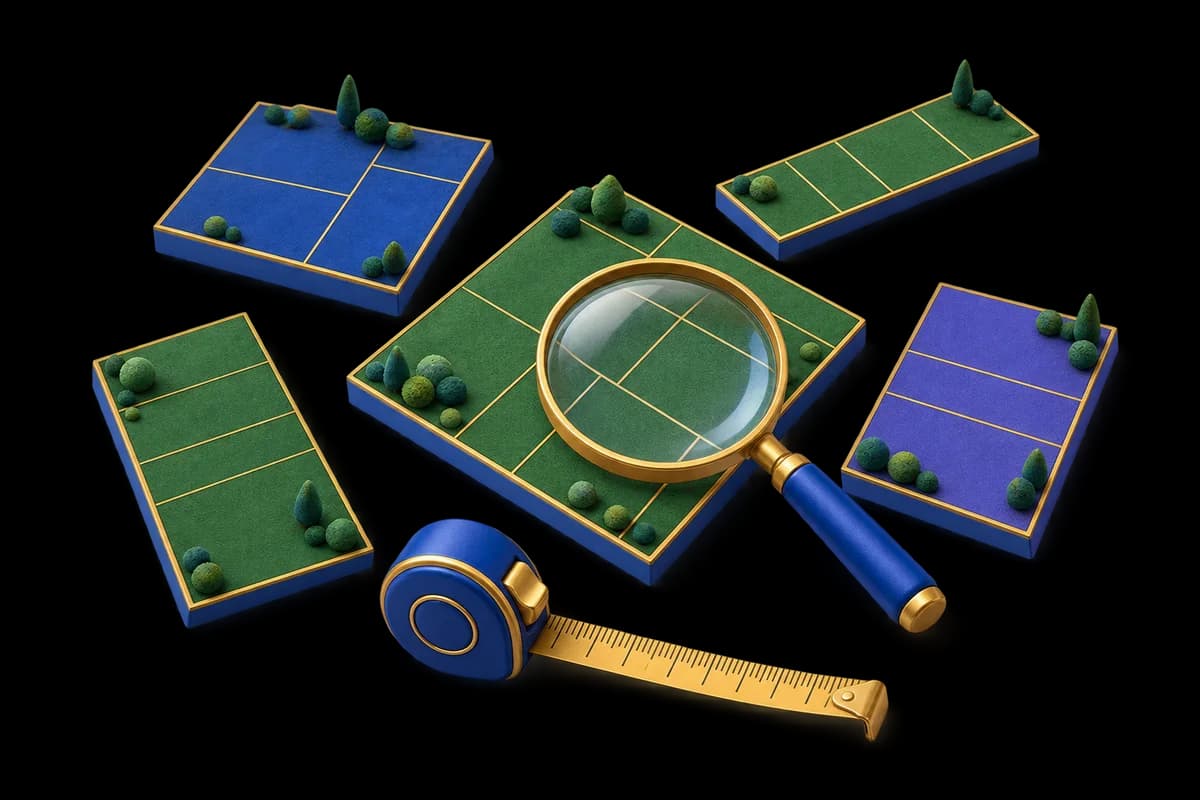 Five plot tiles with different proportions, a measuring tape and a magnifying glass.