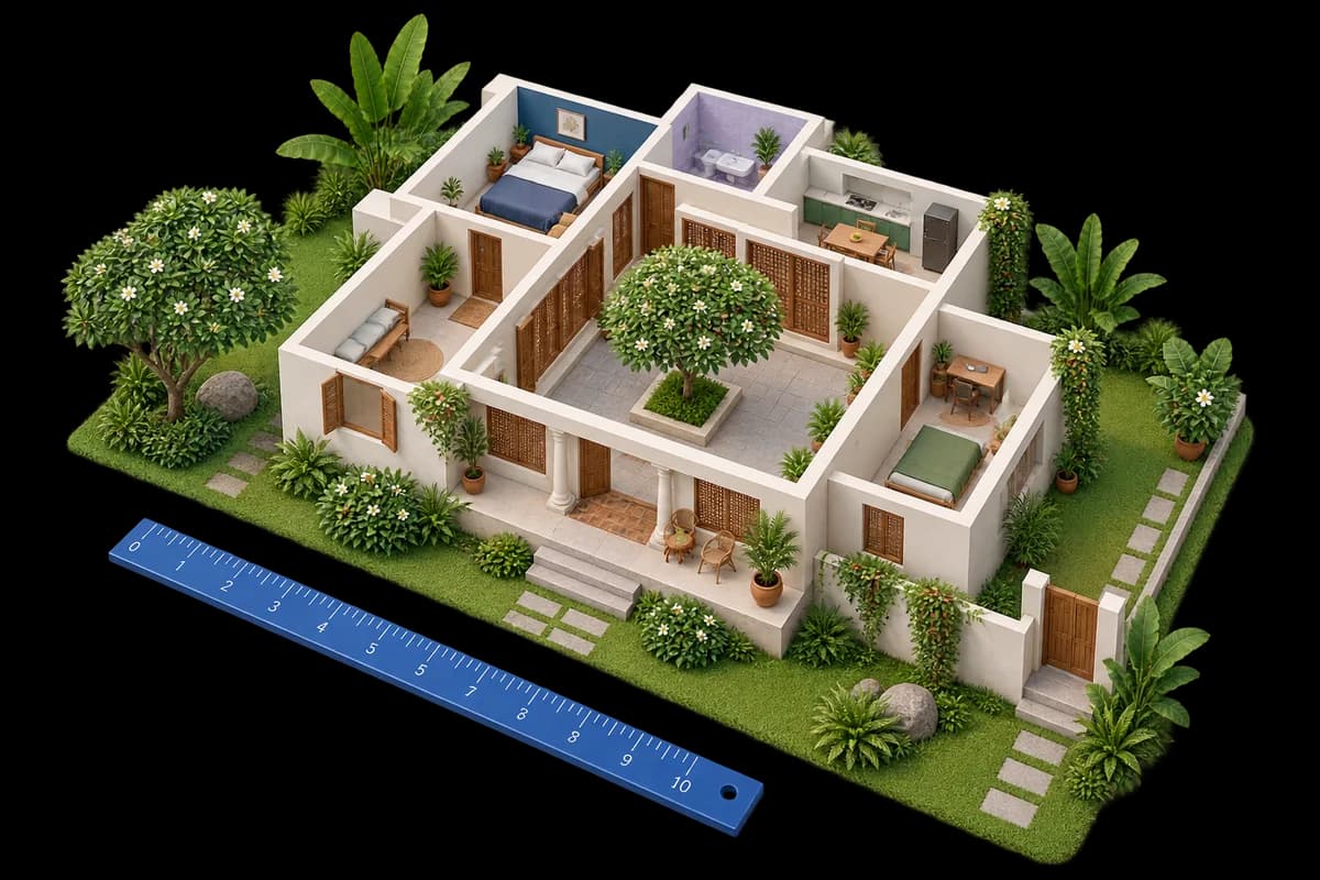 Generic courtyard house model with planted open space and a ruler.