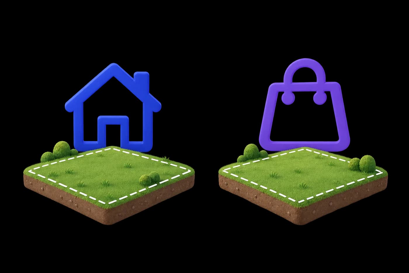 Two unbuilt abstract land parcels: one beside a simple house-shaped outline icon, the other beside a shopping-bag icon