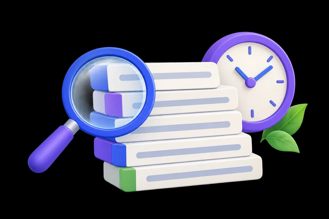 A stack of dated-report cards represented by blank horizontal bars, a magnifying lens and a clock