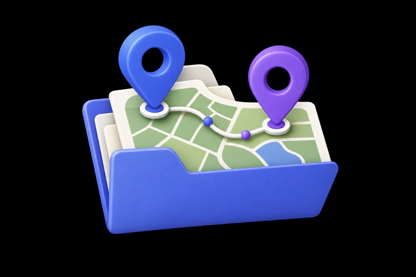 Two joined location pins attached to one shared land-record folder, with a small bus-route line