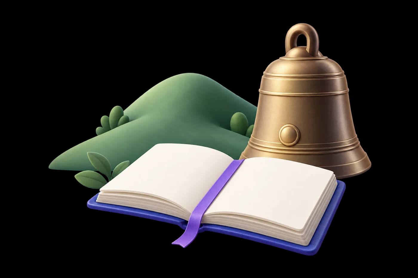 A hill-shaped smooth green form beside a temple-bell symbol and a blank registration ledger