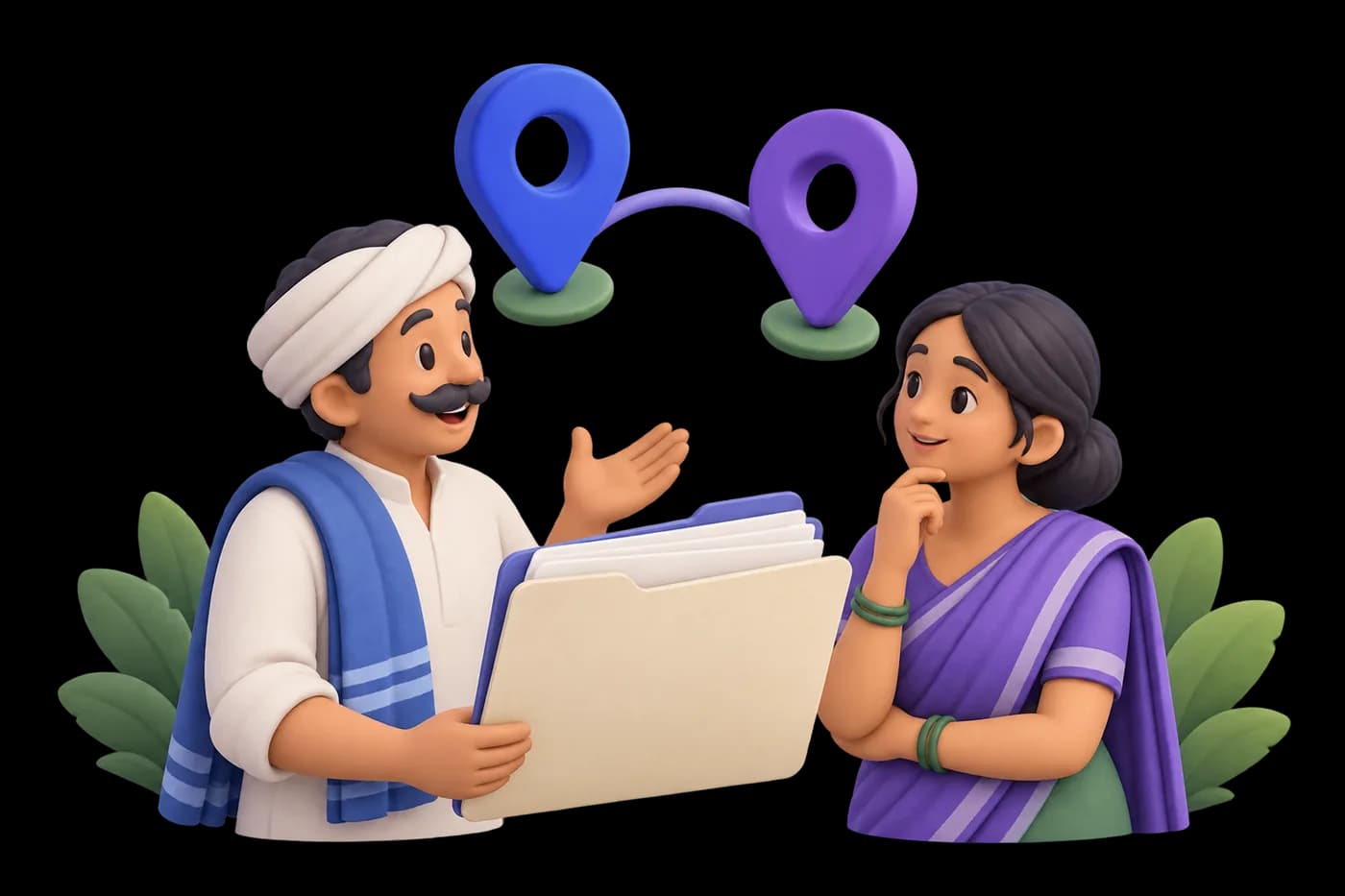 Two community figures discussing a blank land-record folder beneath a pair of linked location pins