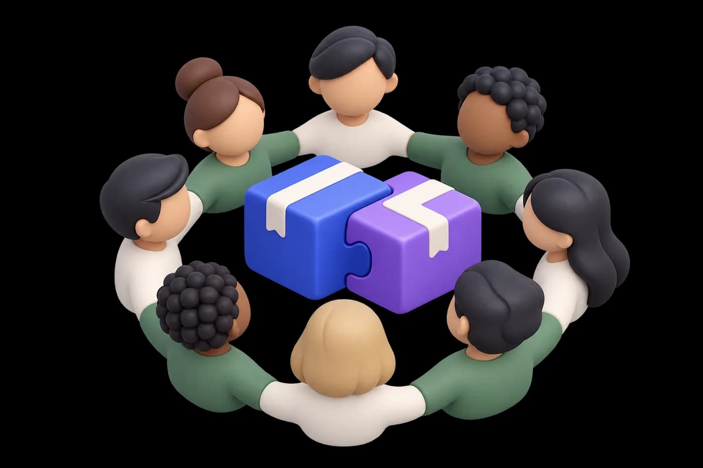 A compact circular community of neutral people icons surrounding two joined blue and violet parcel tokens.