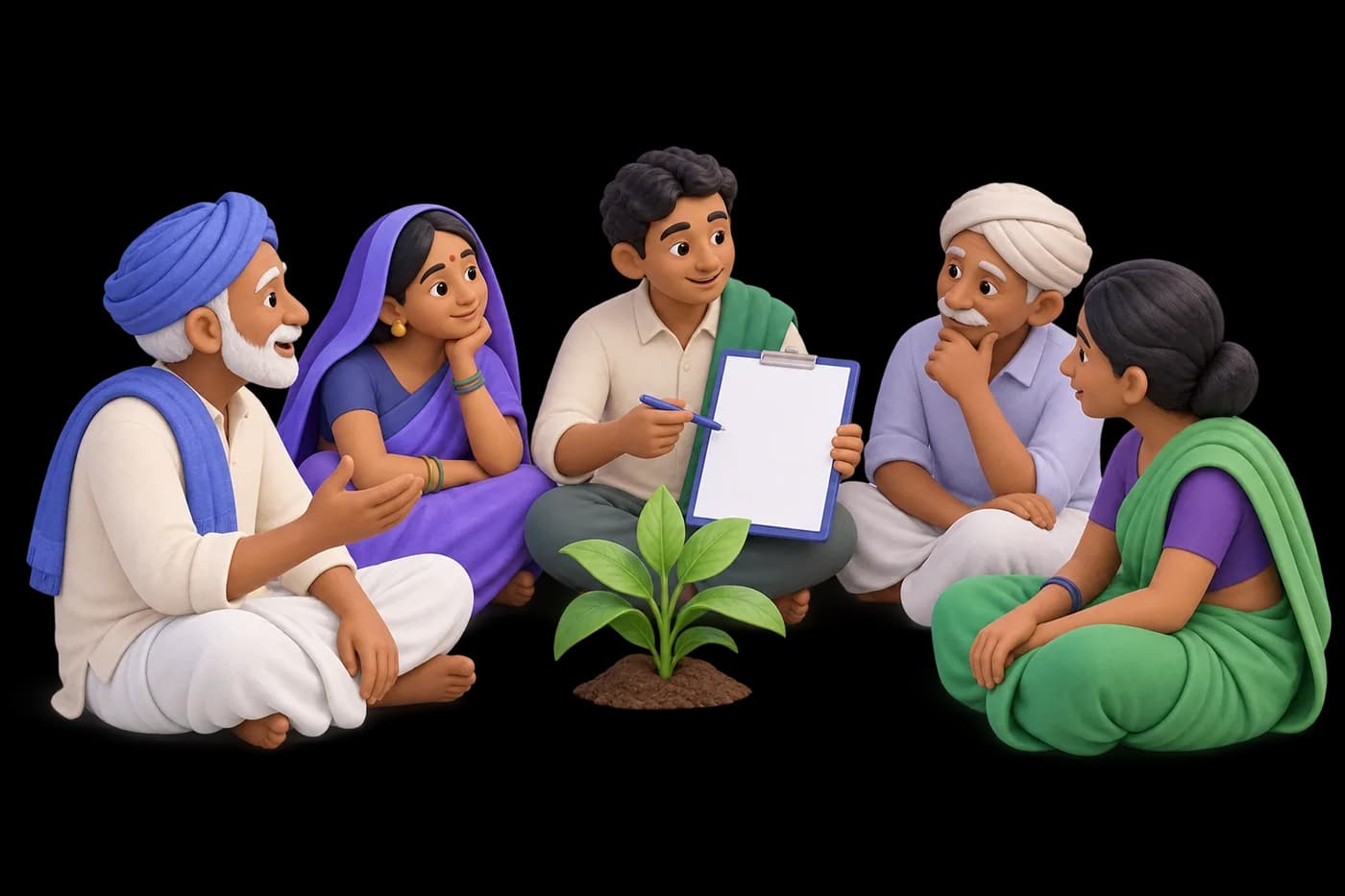 Villagers seated in a semicircle discussing a blank consent document, with a small plant between them