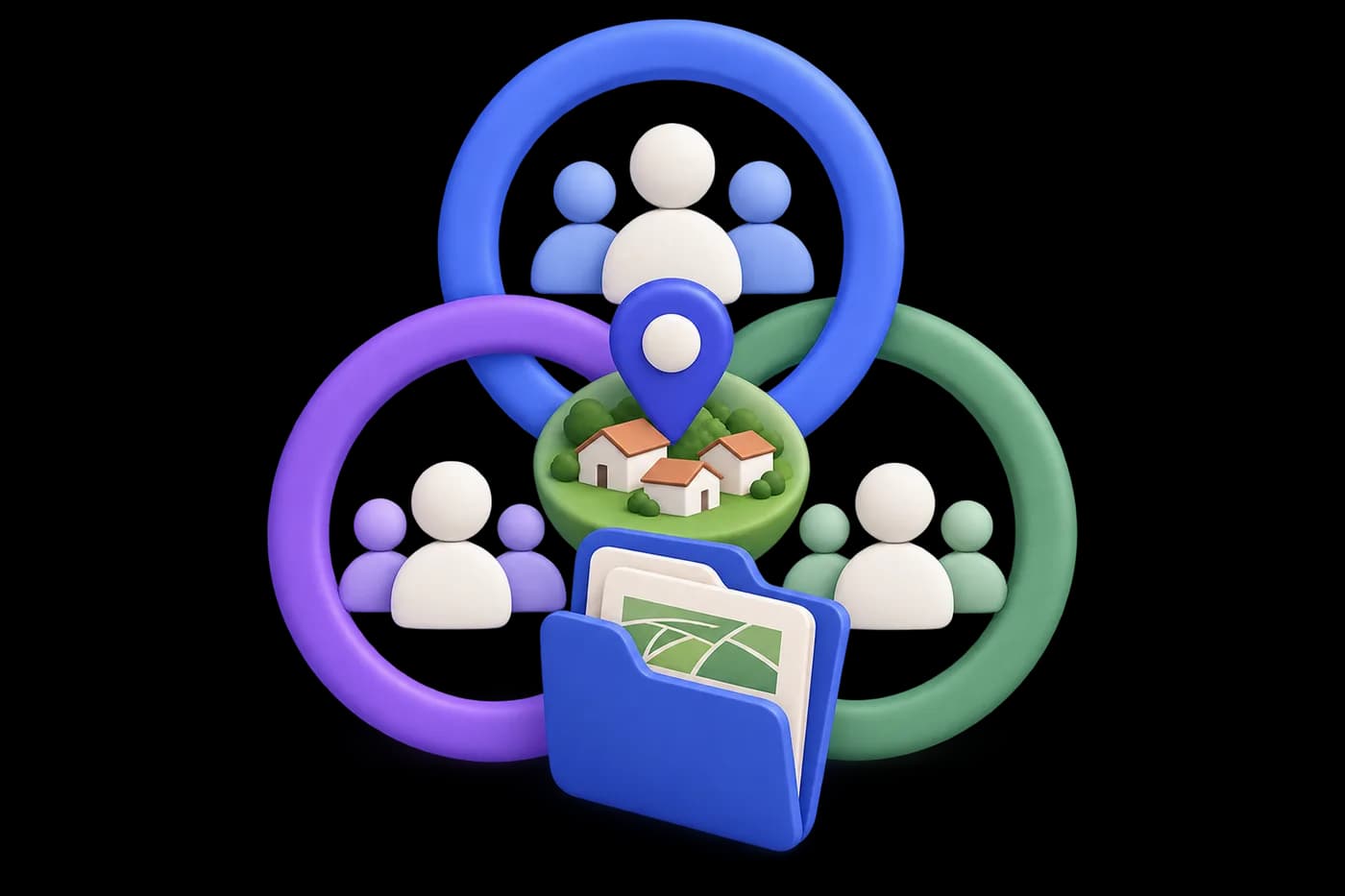 Three linked community circles with a village pin and a land-record folder.
