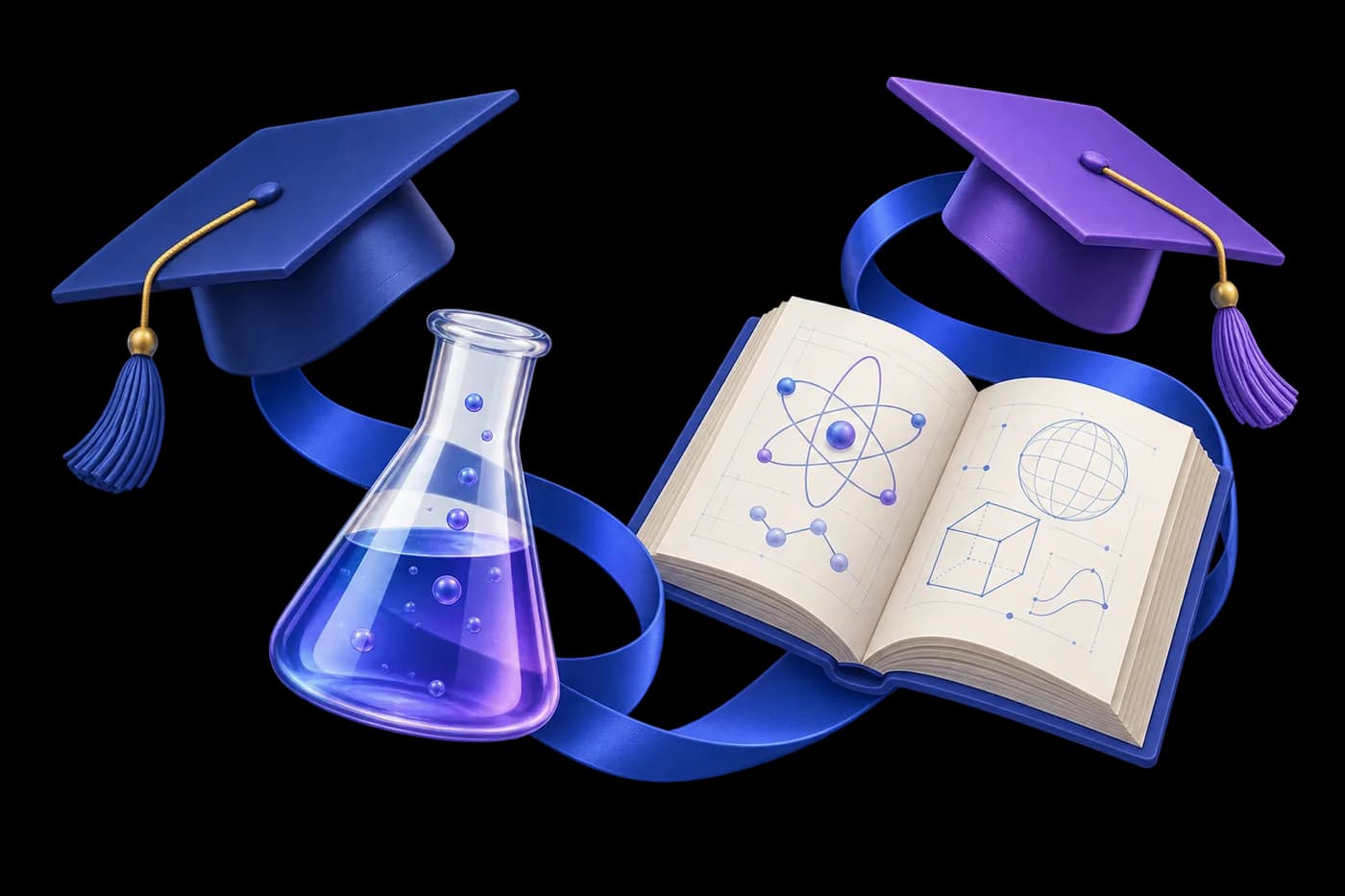 Two distinct graduation caps, a laboratory flask and an open technical book connected by a curved cobalt ribbon
