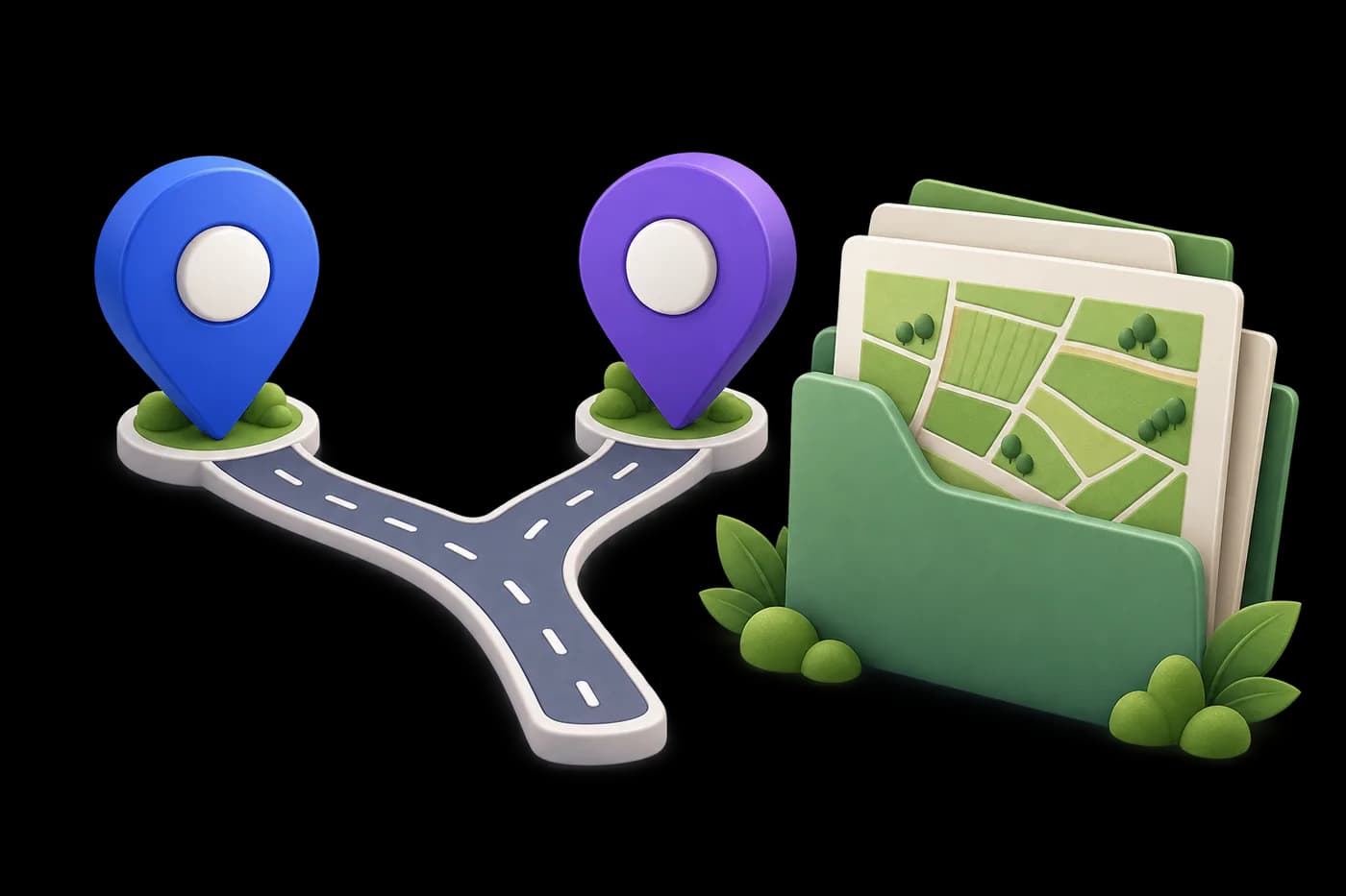 Two paired location pins linked by a simple Y-shaped road ribbon, alongside a land-record folder