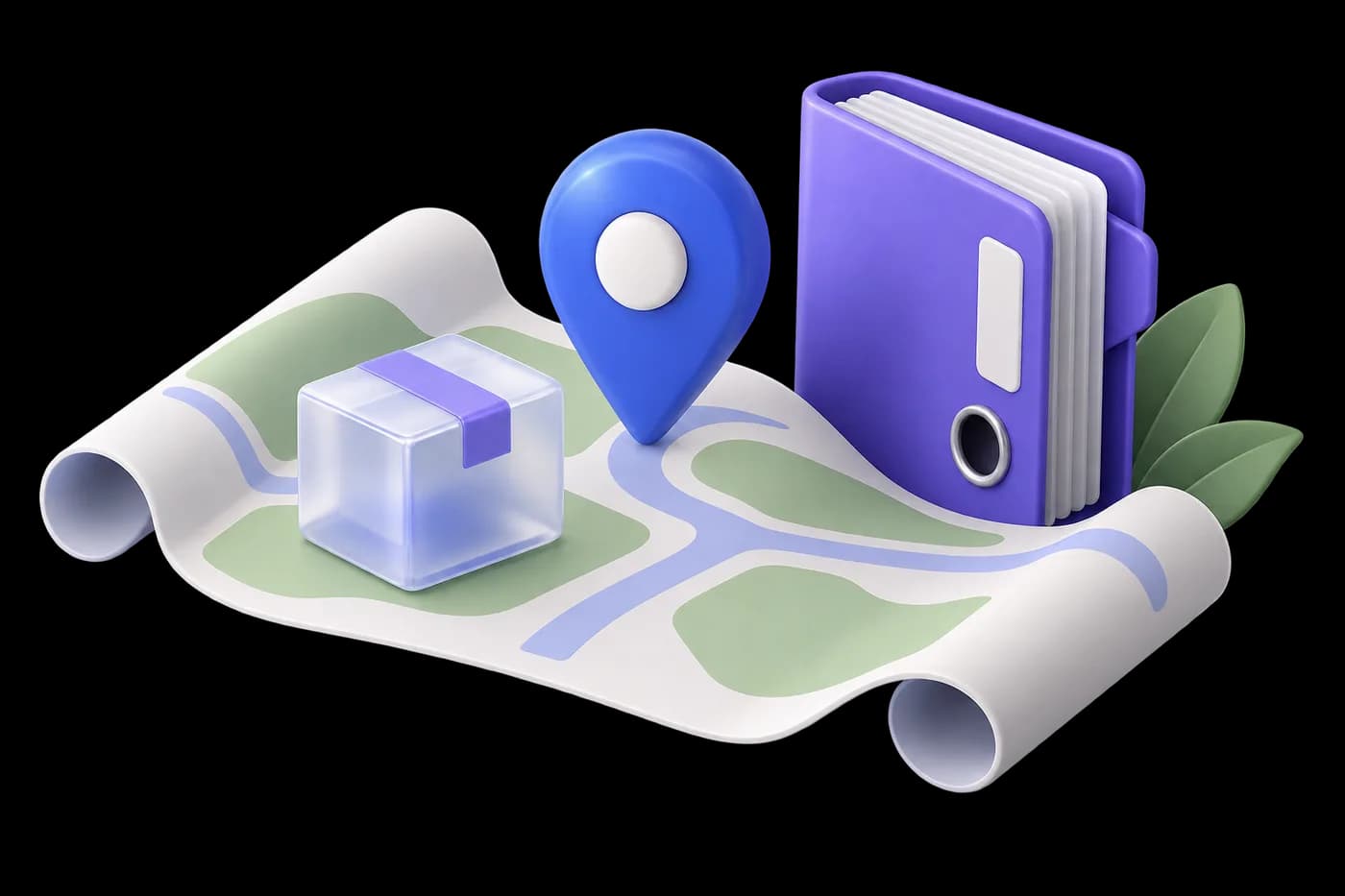 A small translucent parcel nested within a larger abstract layout sheet, with a location pin and records binder.
