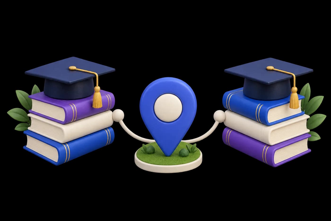 Two separate academic book stacks with graduation caps connected to a single village pin