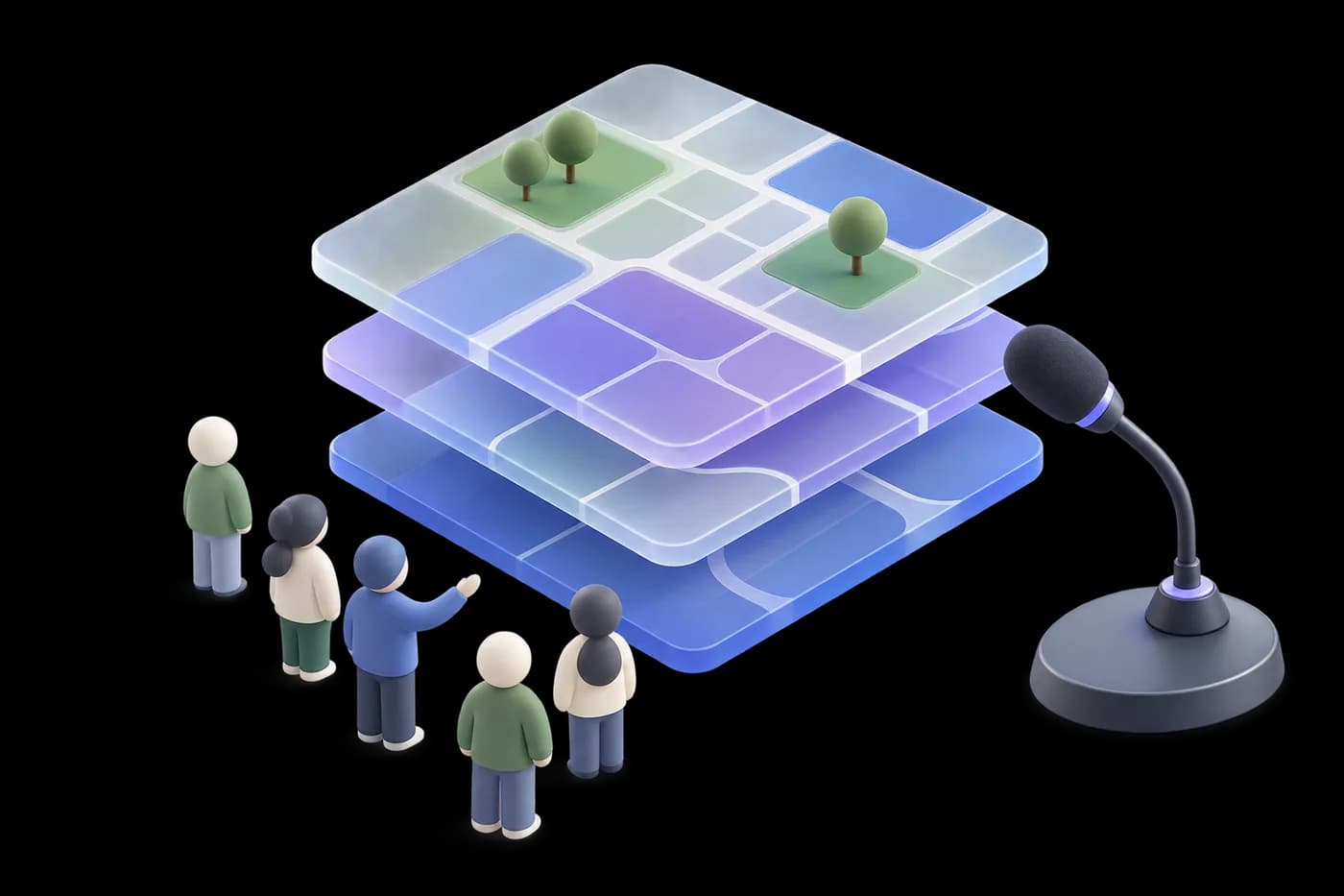 Stacked zoning layers, small community figures and a microphone for a public hearing.