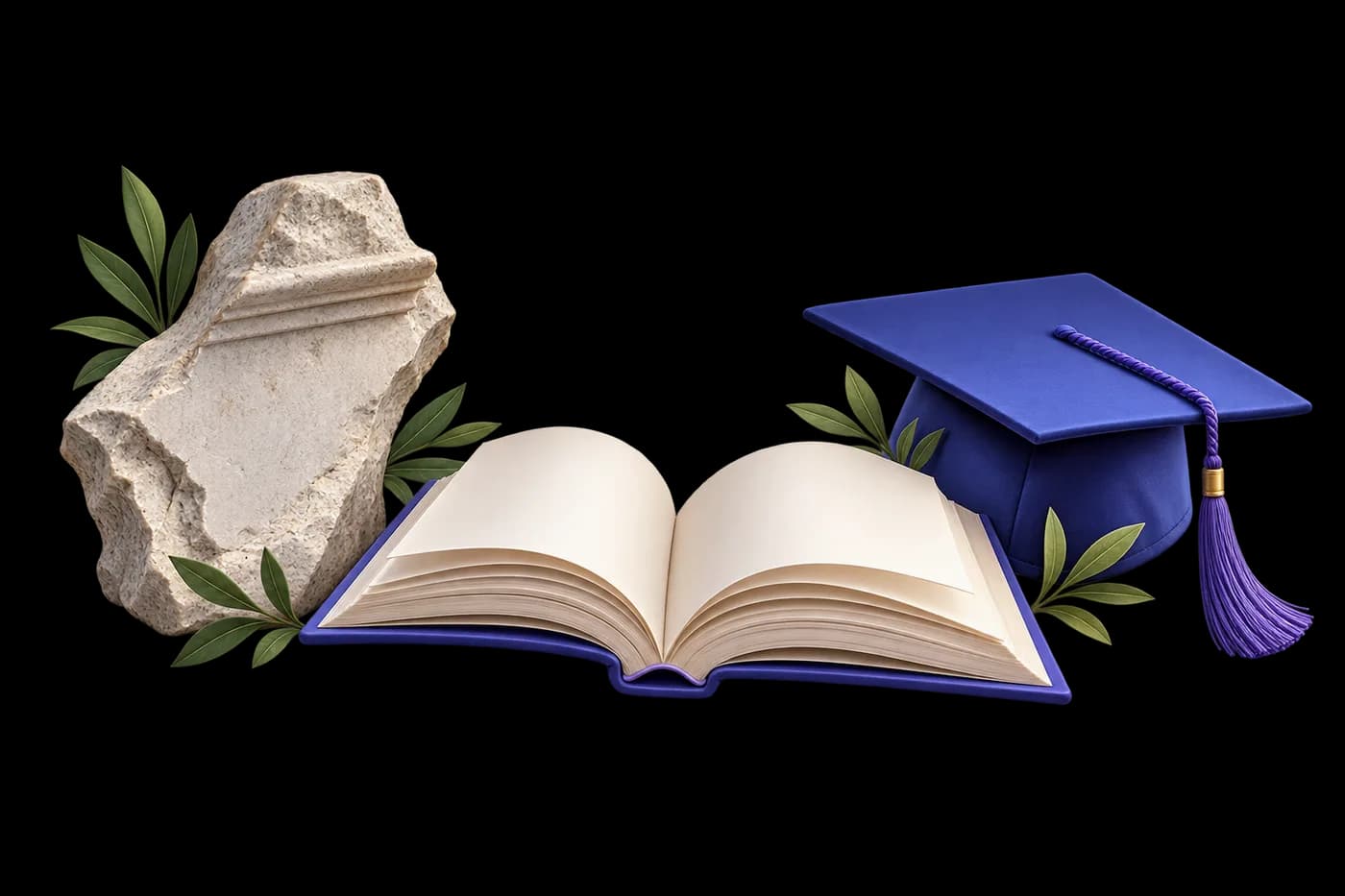 An uninscribed stone fragment and a graduation cap separated by an open book