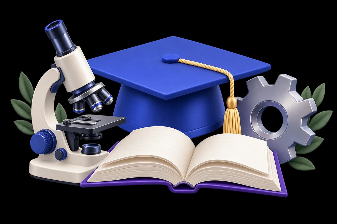 A microscope, engineering gear and open humanities book arranged around a cobalt graduation cap
