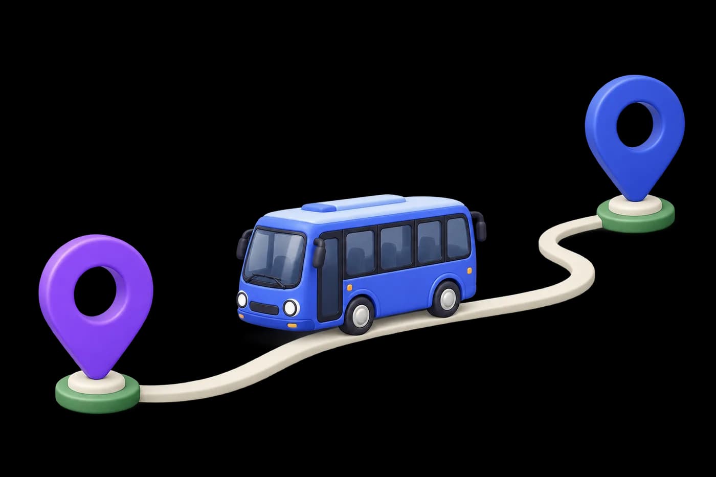 A small blue public bus and two location pins connected by a simple route line, transport access motif.
