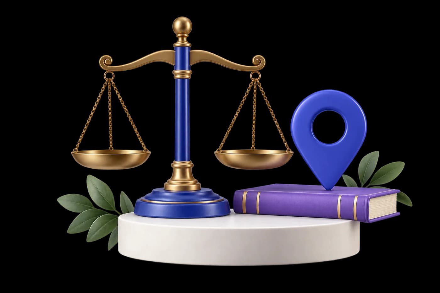 Balanced justice scales and a cobalt village pin on a white plinth, with a thin violet law-book spine
