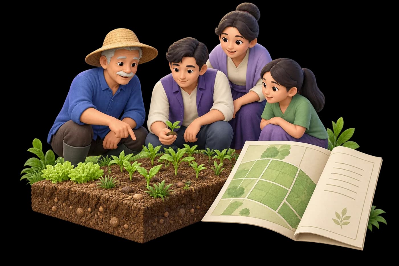 A small community group beside a compact cultivated soil slice and a folded land record; intimate rural-community theme.