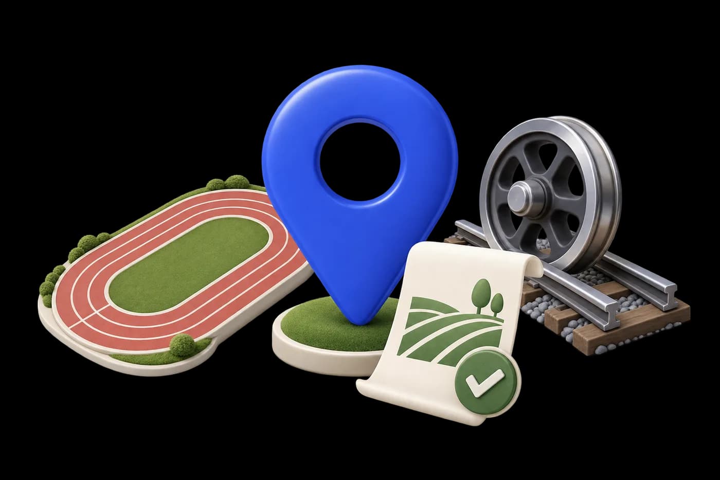 An athletics running-track pictogram, a rail-wheel icon and a land-consent paper, arranged around a single cobalt location pin