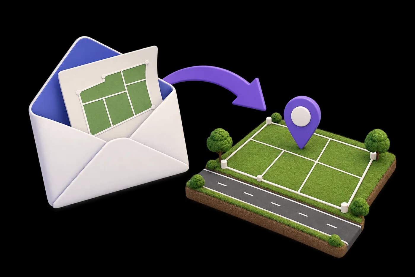 A plot-allotment envelope opening toward a simple straight roadside parcel symbol, with a small location pin.