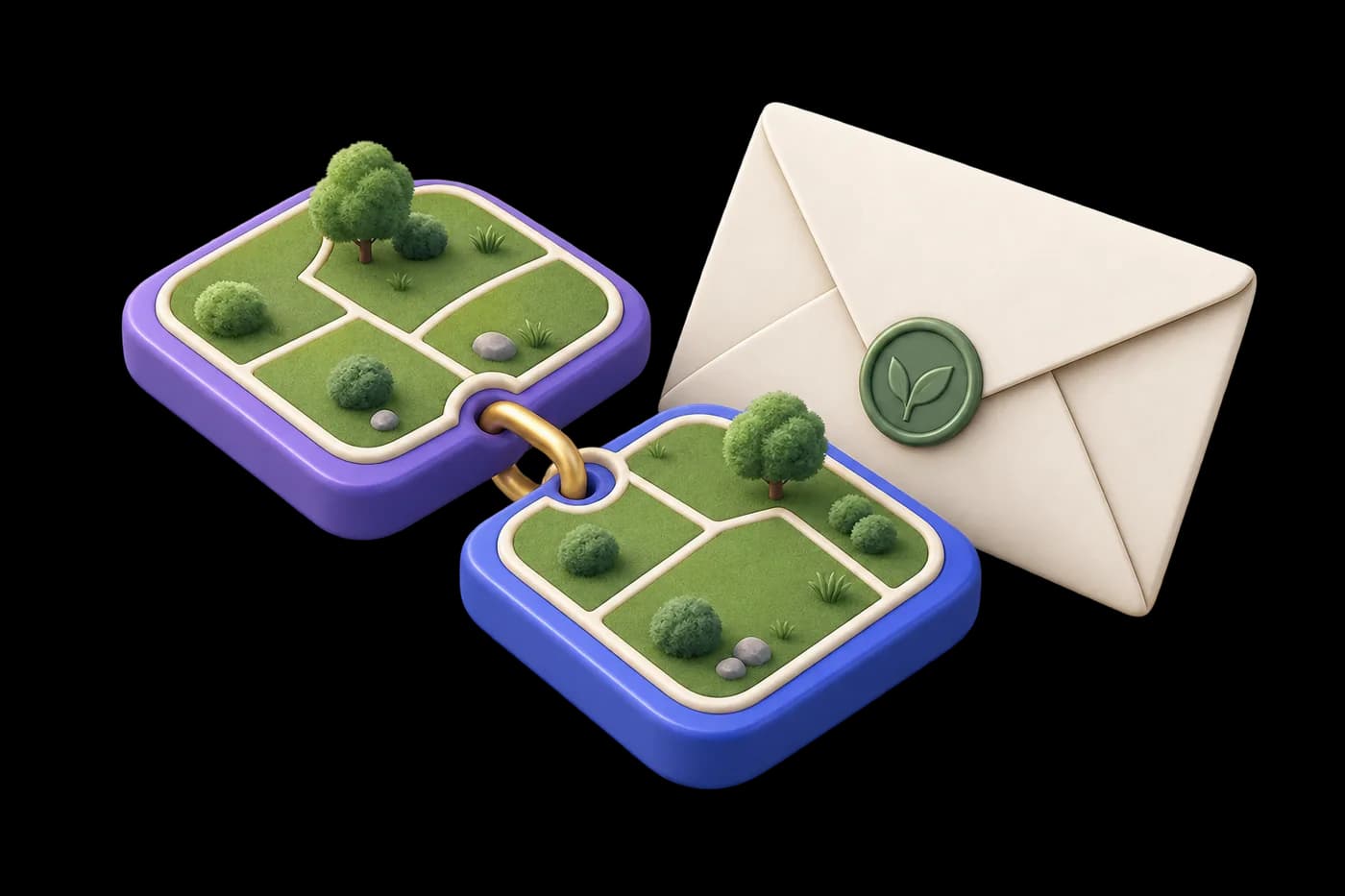 Two small linked land-parcel tokens beside an allotment envelope, one token violet and one cobalt; shared layout motif.