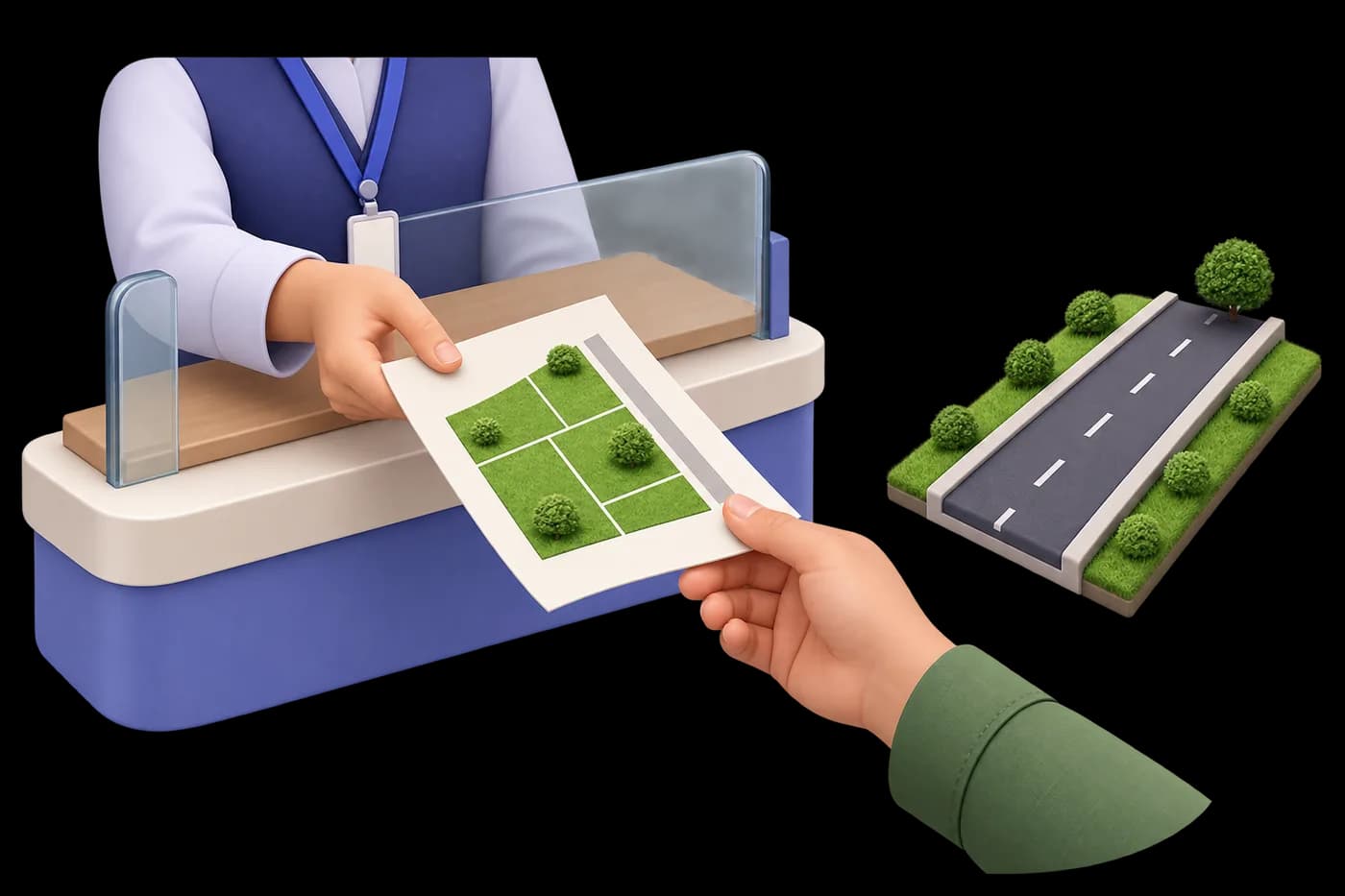 A hand receiving a plot-allotment paper from a records counter; a short road-strip symbol beside it