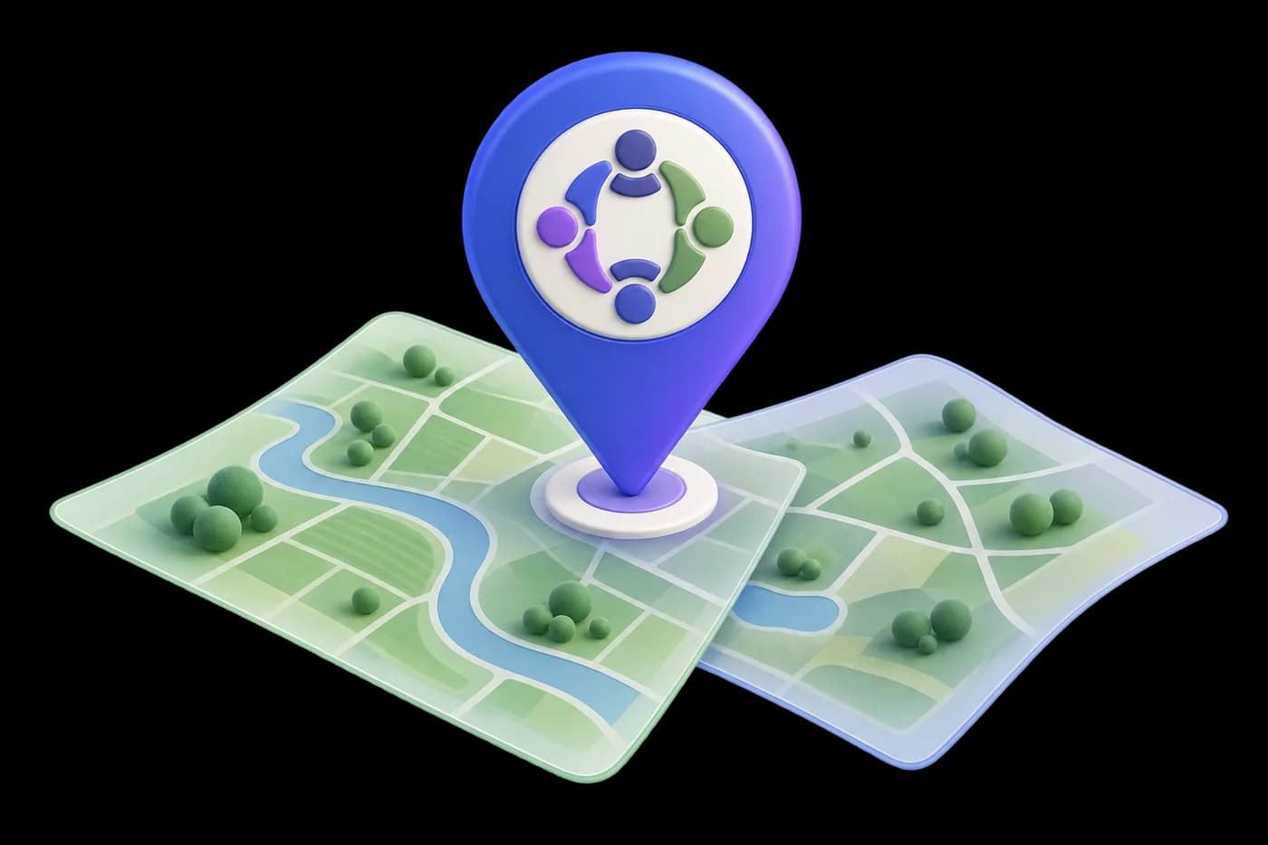 Two adjoining translucent land-layout sheets beneath one mandal-headquarters location pin, community-circle symbol on the side.