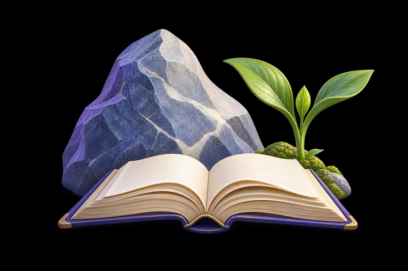 An abstract foundation stone, a sprout and an open historical record book, in a low triangular arrangement