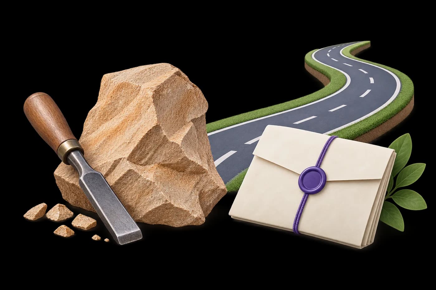 A chisel and a raw sandstone fragment beside a straight road ribbon and an allotment envelope