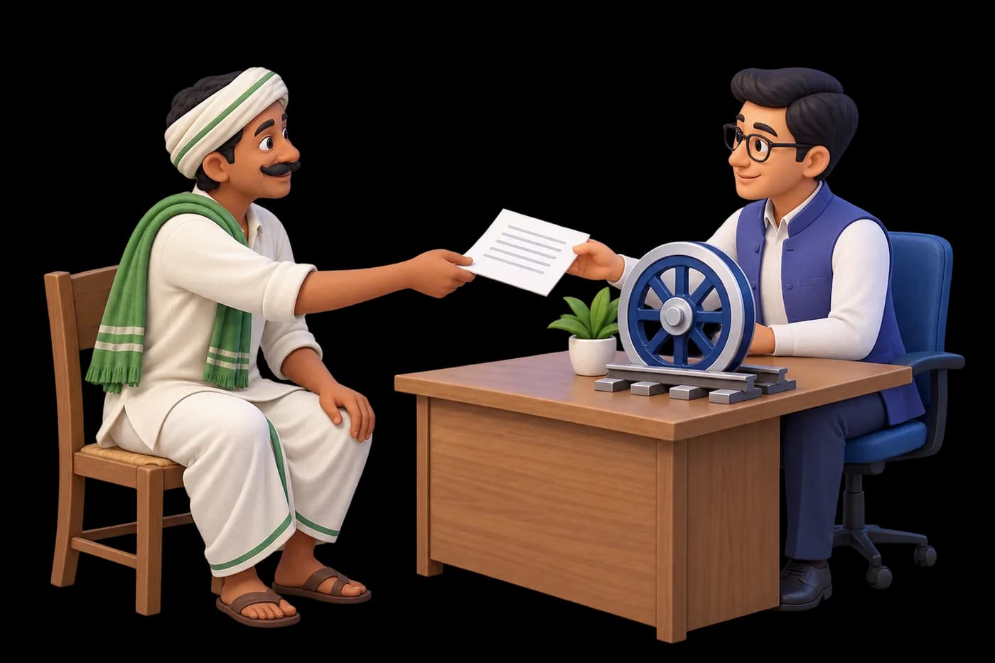 A farmer handing a consent letter across a small consultation desk, a rail-wheel symbol beside the paper