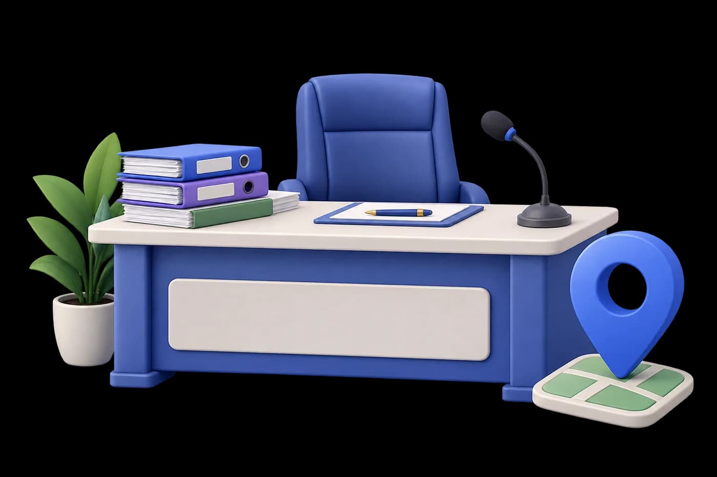 An administration desk with stacked files, a microphone and a blue location pin.