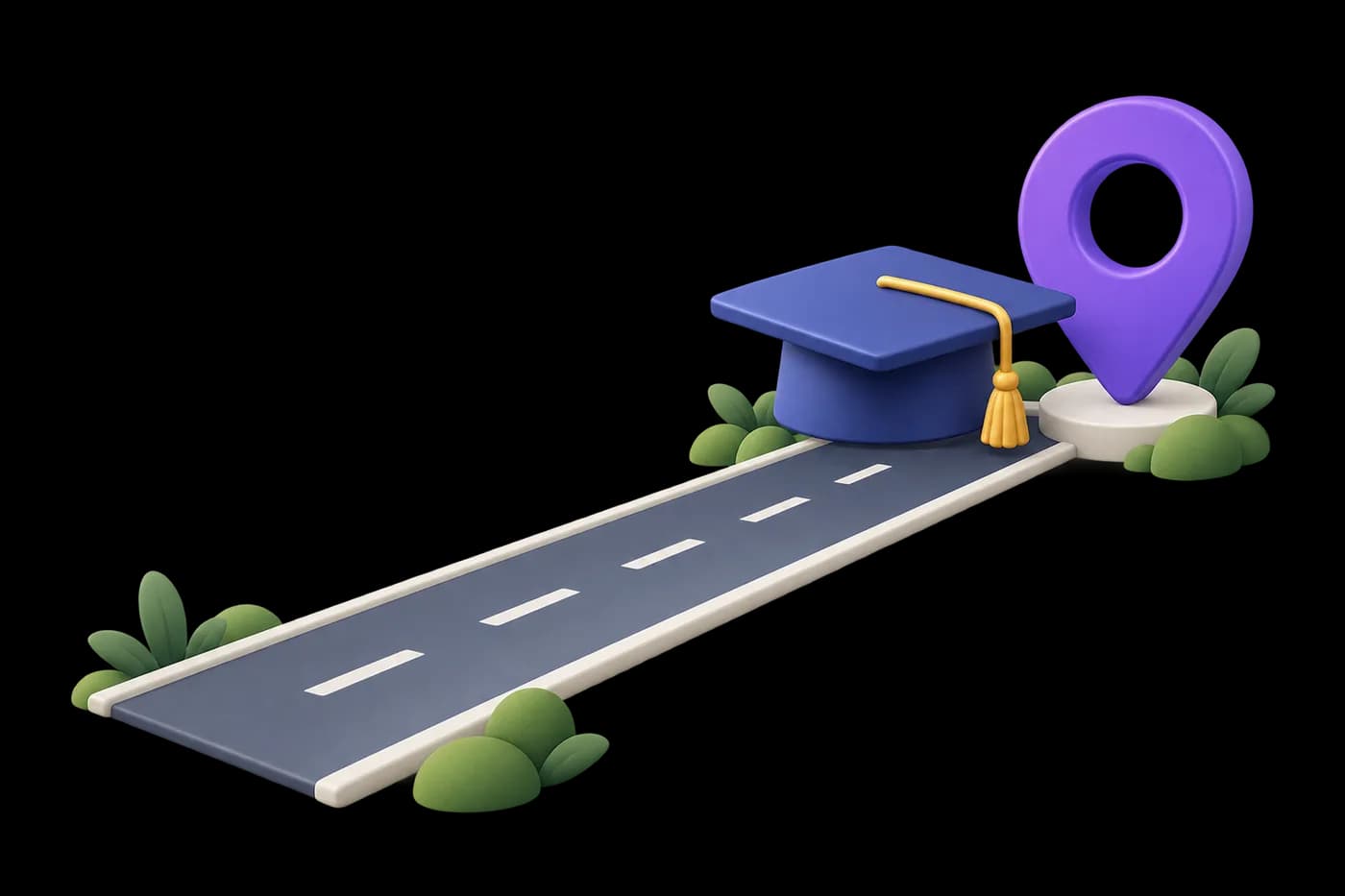 A straight access-road strip terminating beside a graduation cap and a location pin; connectivity and education motif.