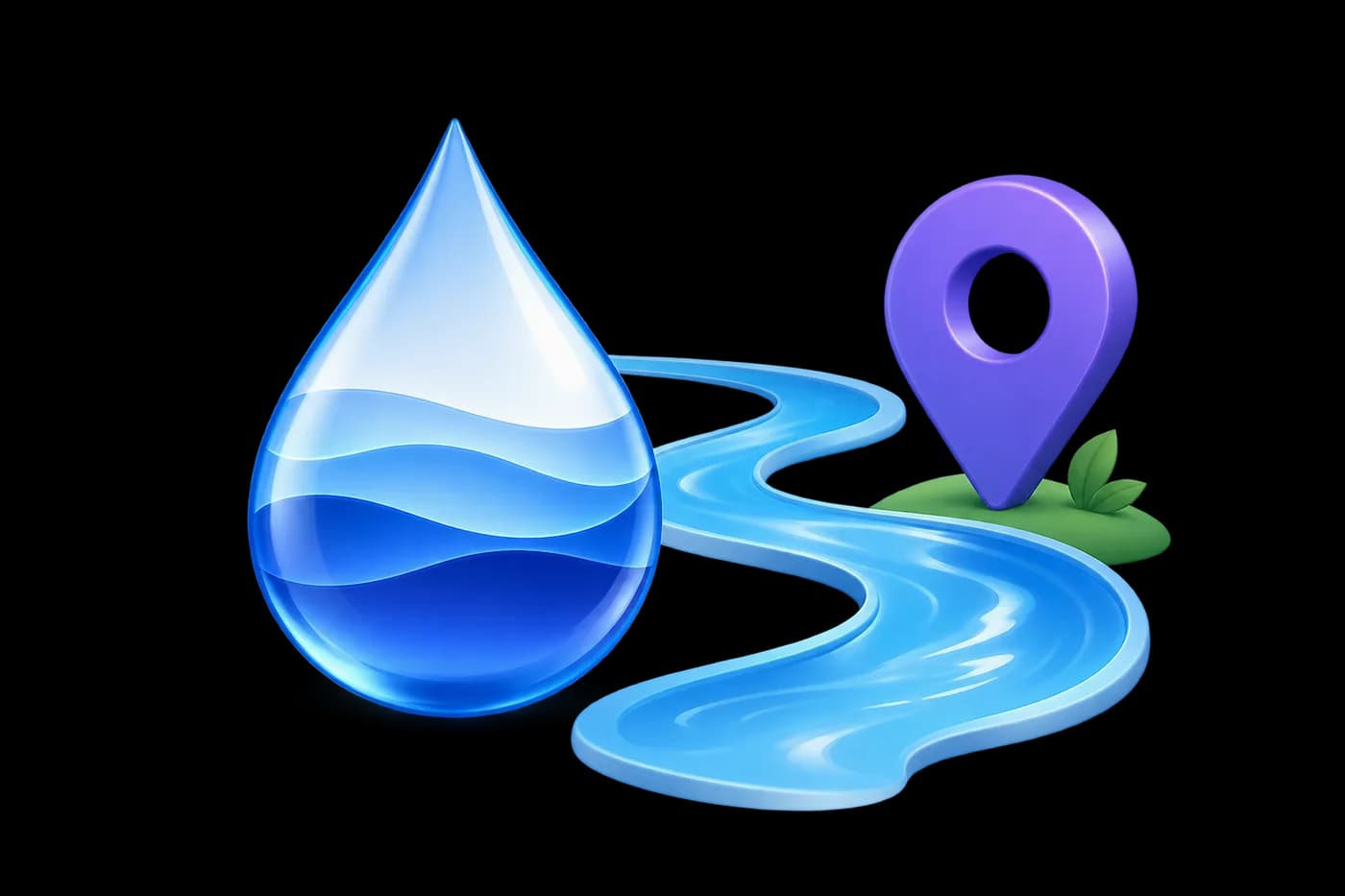 A water droplet with parallel water-level bands, a minimal river ribbon and a location pin