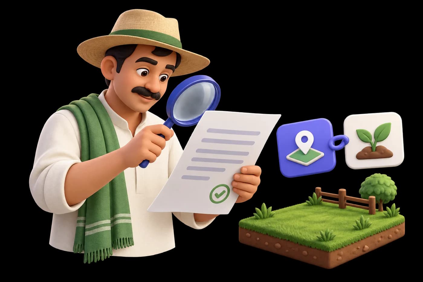 A farmer reviewing a consent paper with a magnifying lens, two small linked layout tokens beside the paper